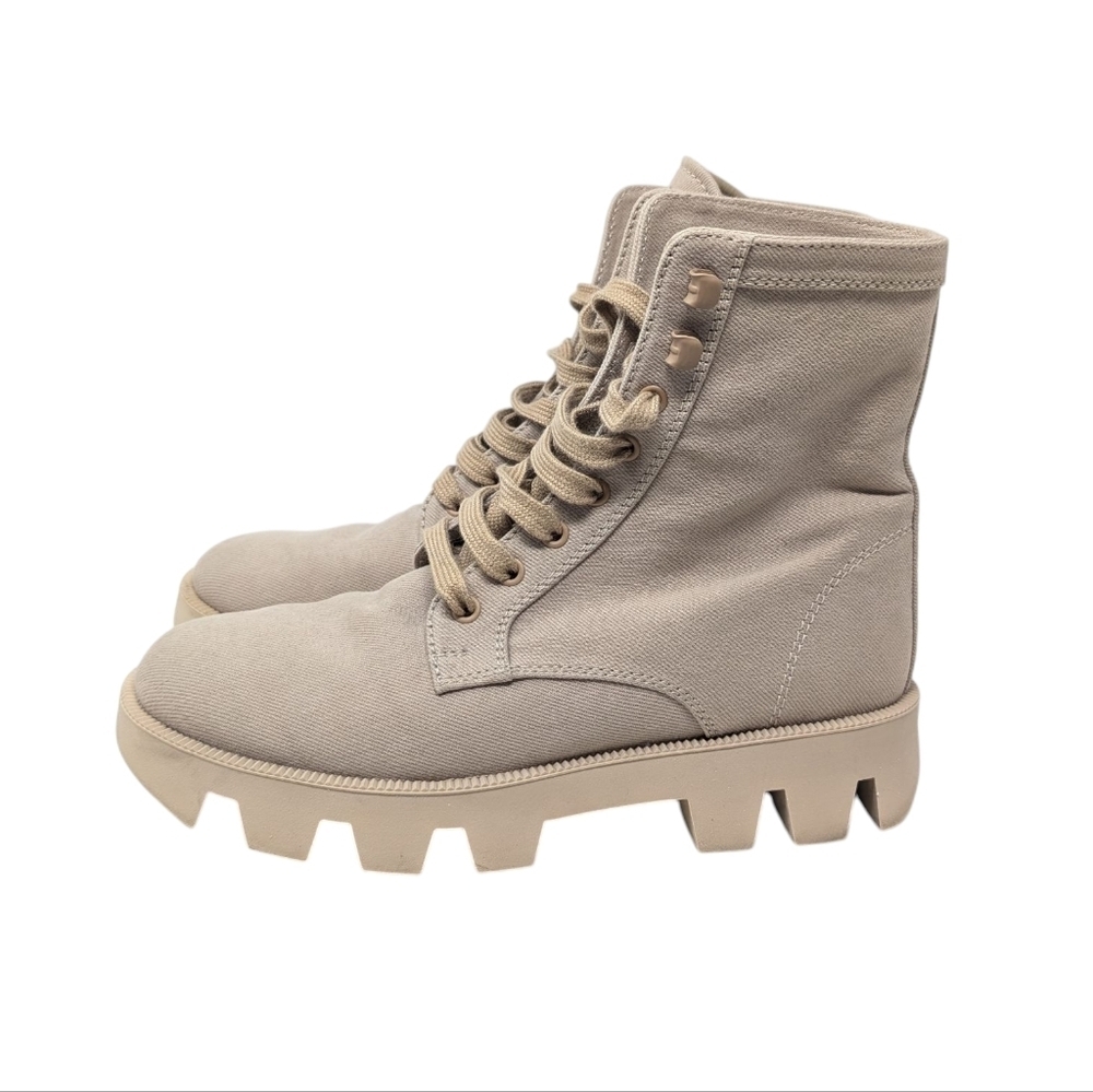 Prada Rocksand Light Beige Washed Denim Canvas Combat Lug Boots Size EU 38.5 - Picture 6 of 16